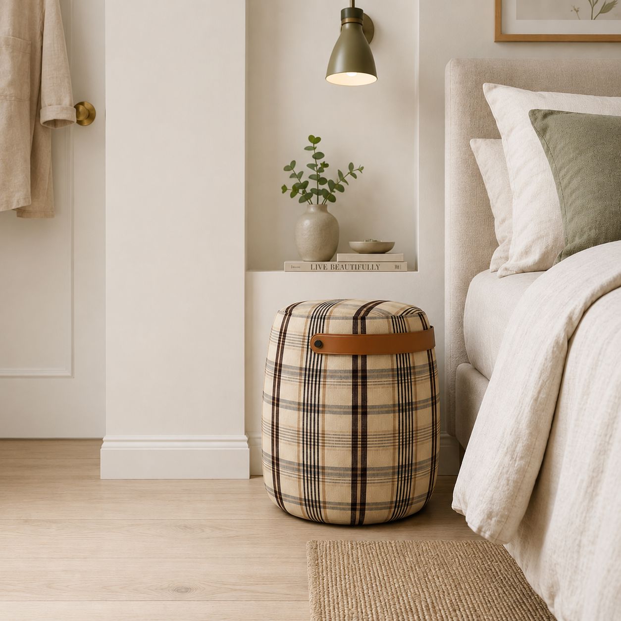 Haven British Check Round Pouffe Footstool with Leather Handle Cottonfy UK 