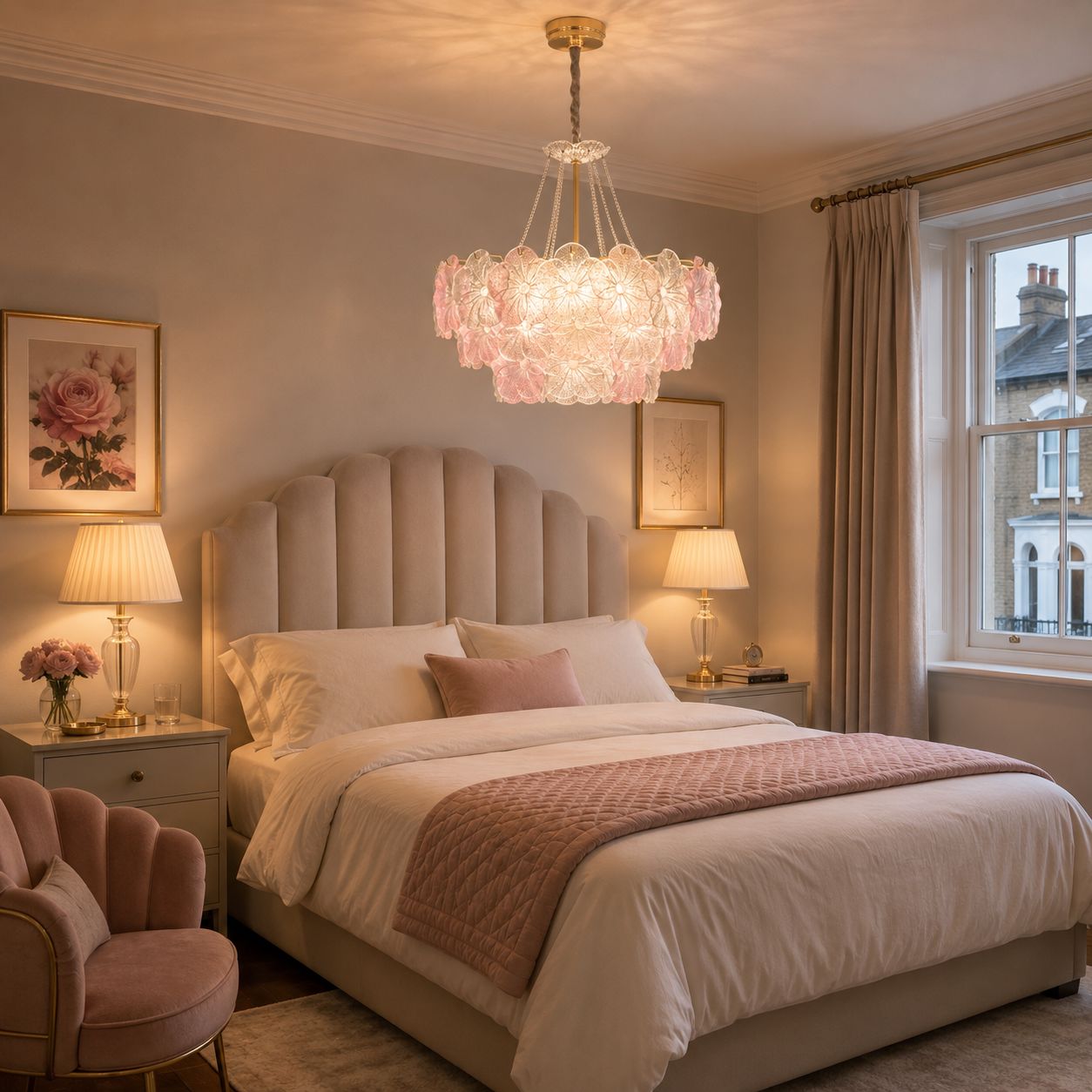 pink glass flower chandelier above a blush bedroom bed