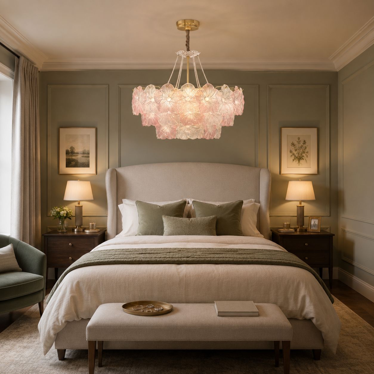 pink glass flower chandelier above a neutral bedroom with warm light