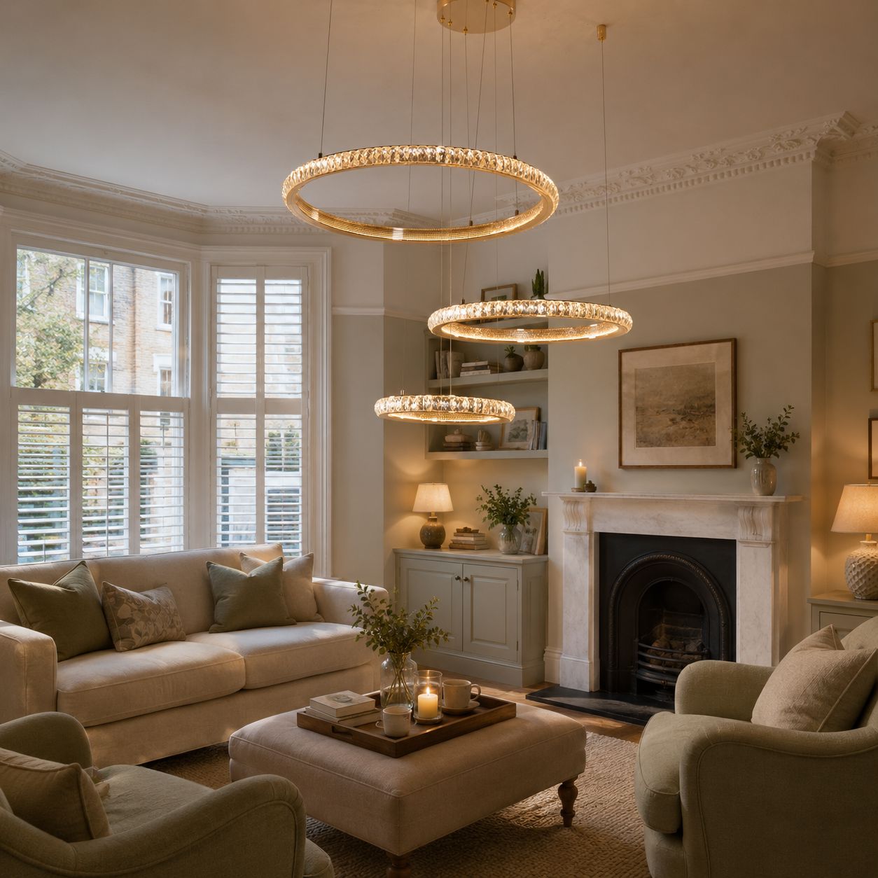 crystal LED triple-ring pendant chandelier over a living room coffee table