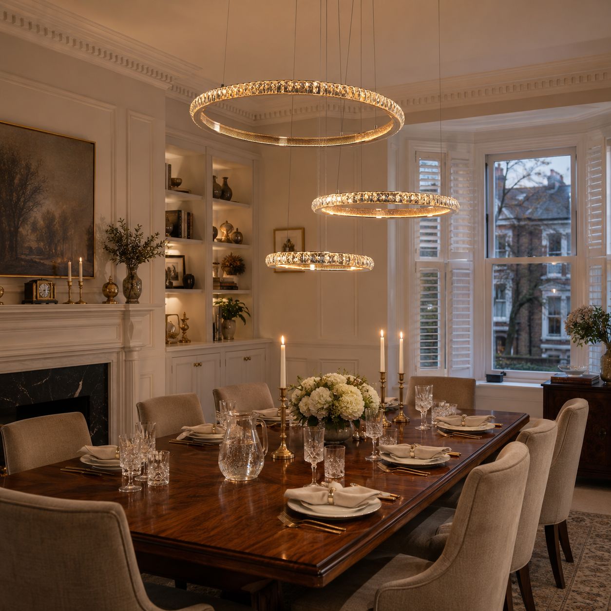 crystal LED triple-ring pendant chandelier above a dining table by tall windows