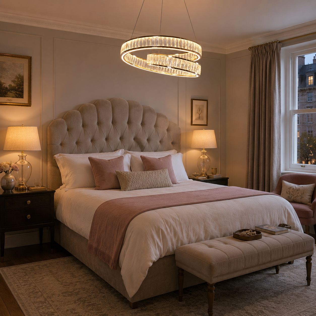 gold crystal swirl pendant light above a tufted bedroom bed