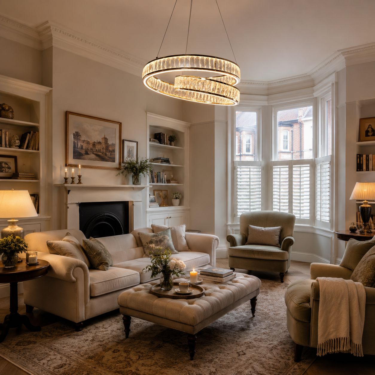 gold crystal swirl pendant light in a warm living room seating area