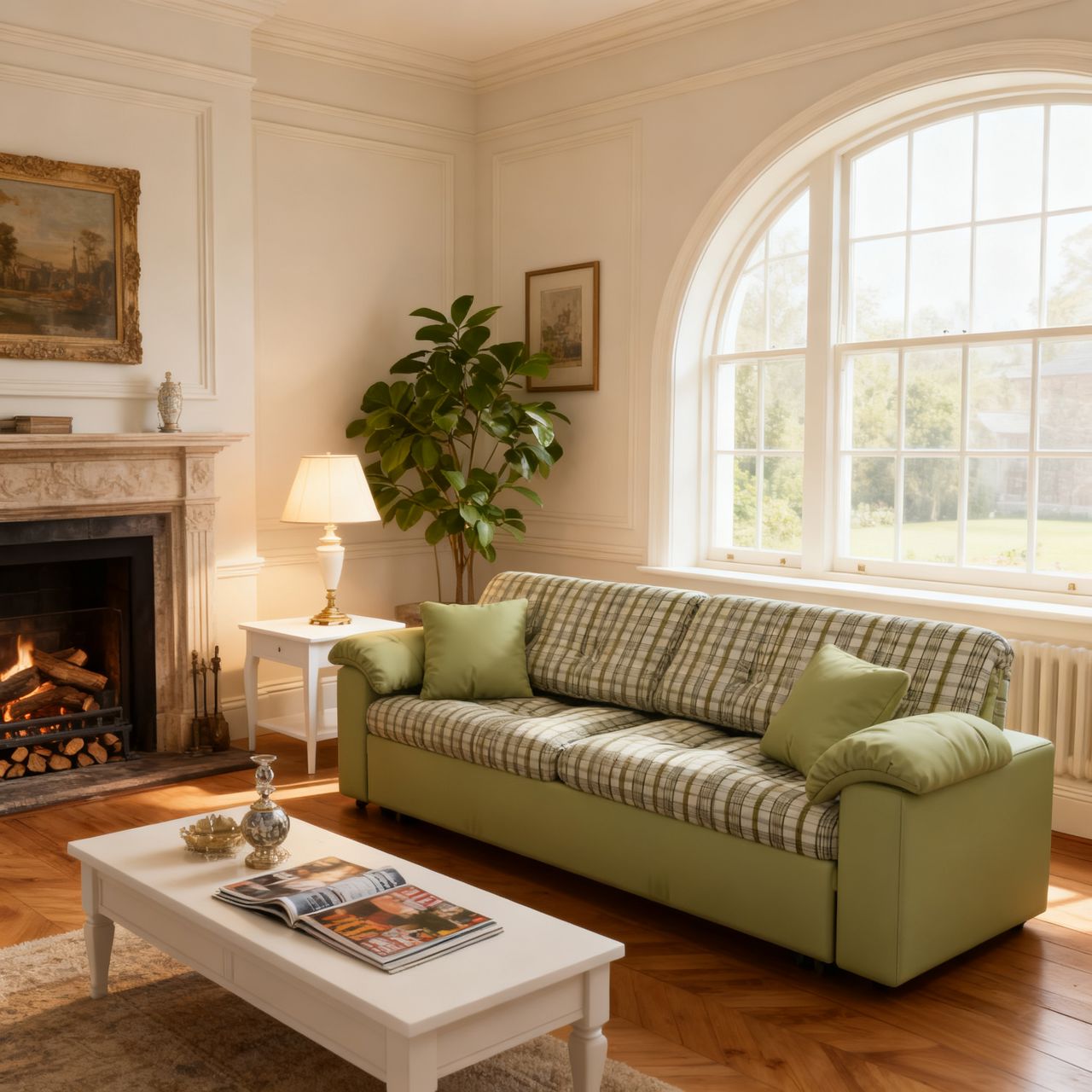 Cottonfy Classic Plaid Sofa Bed with Hidden Storage Living and Home 165 CM Verdant Stripe Cotton Linen 