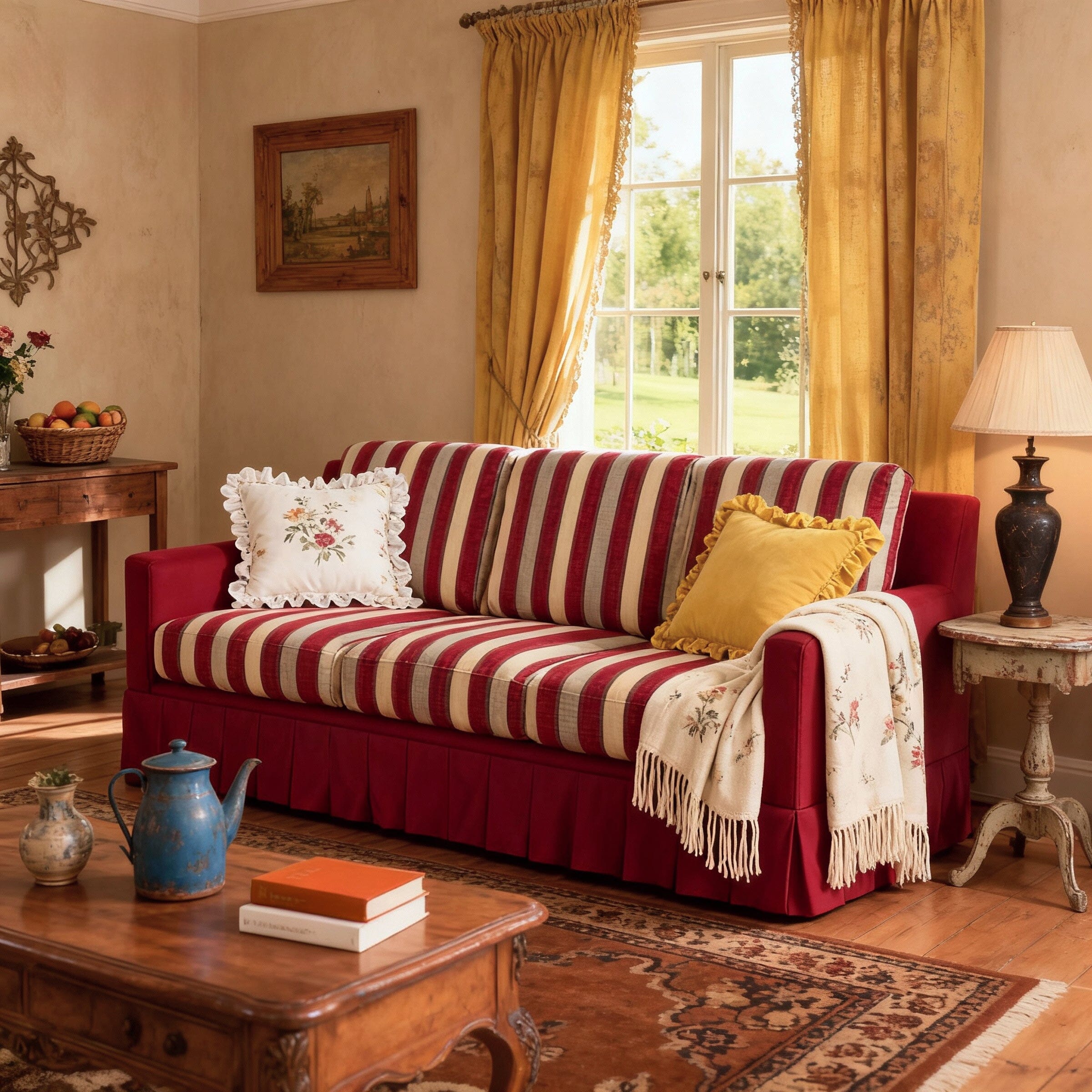 Cottonfy Country Check Sofa with Removable Skirted Covers Living and Home Claret Red Cotton Linen 