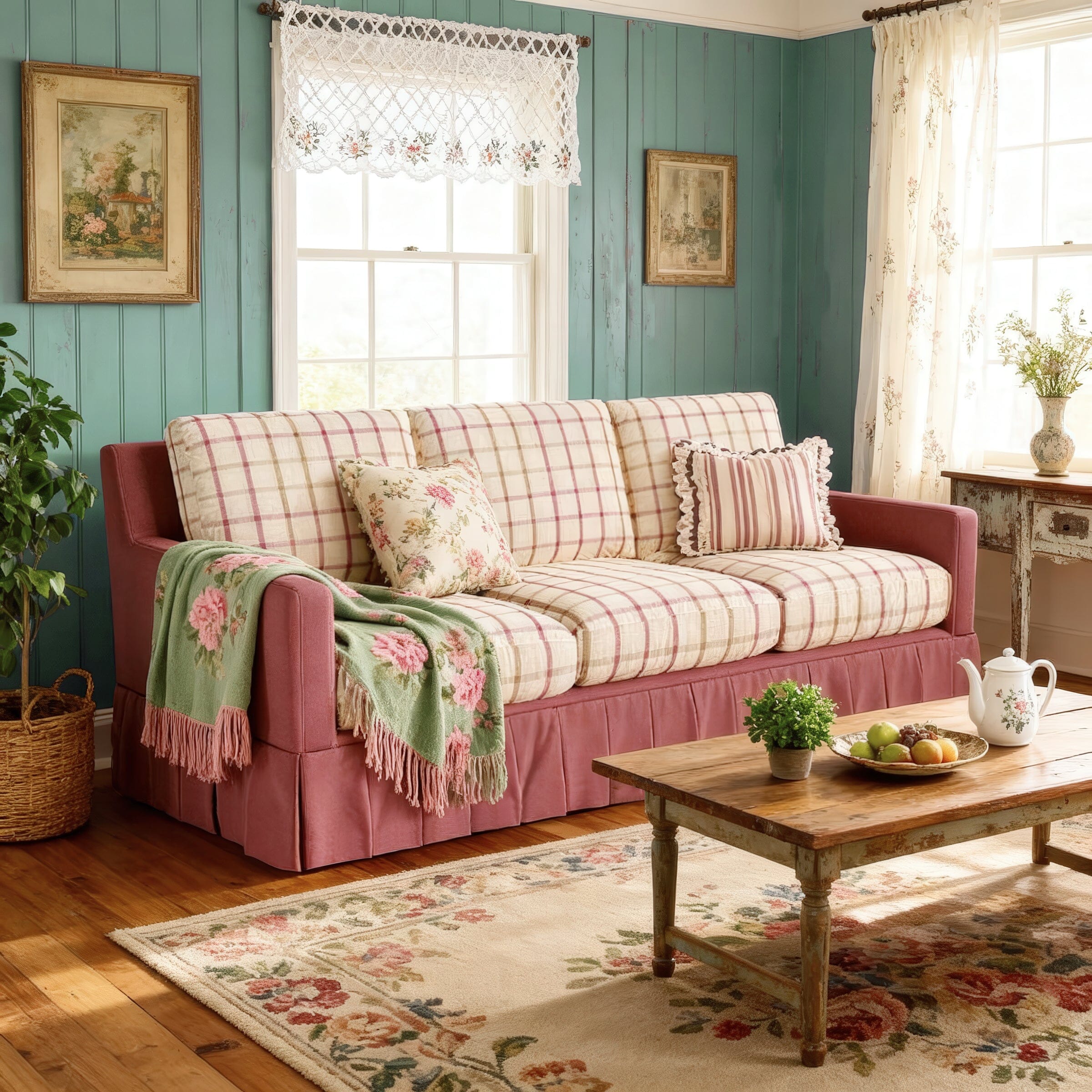 Cottonfy Country Check Sofa with Removable Skirted Covers Living and Home Dusky Rose Cotton Linen 