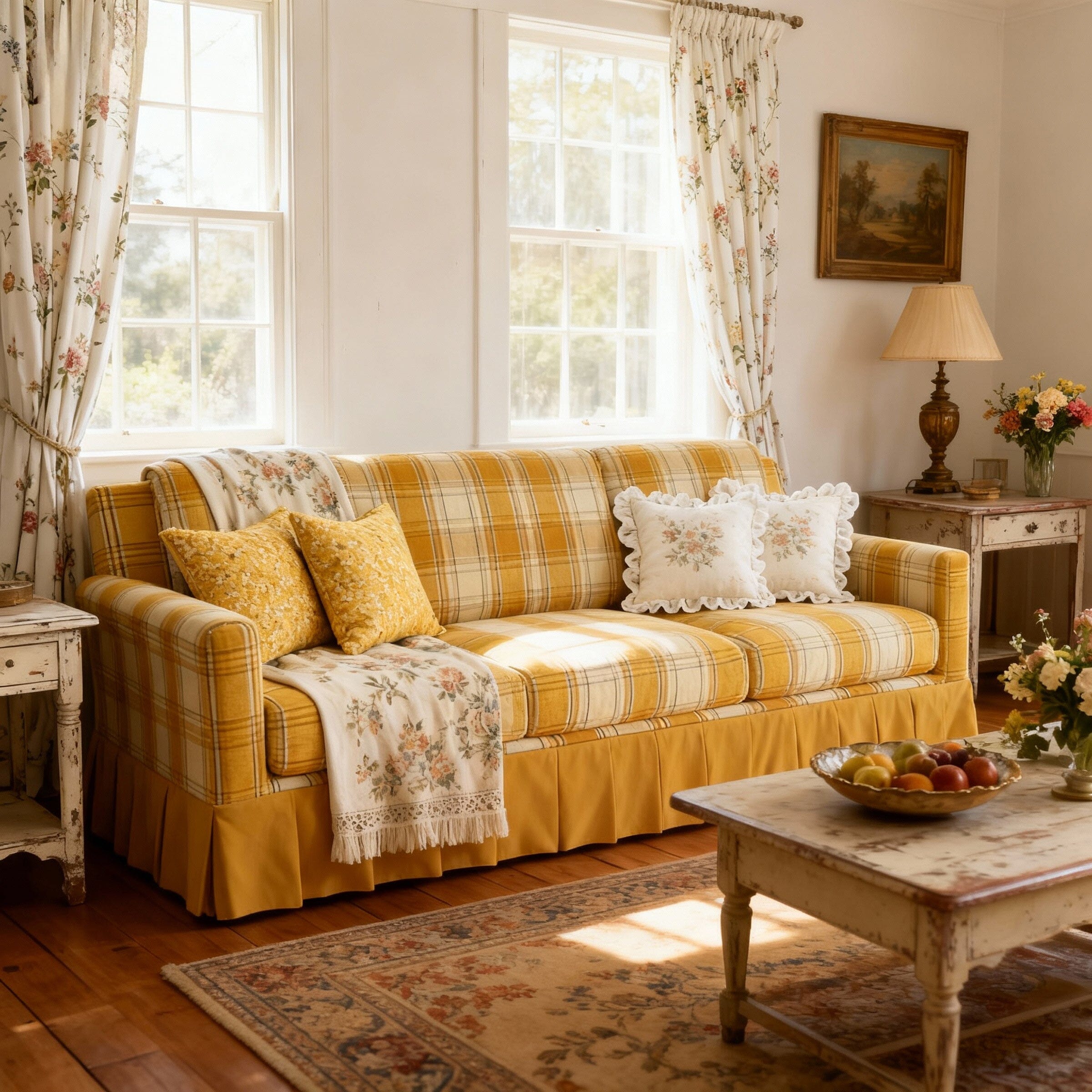 Cottonfy Country Check Sofa with Removable Skirted Covers Living and Home Saffron Gold Cotton Linen 