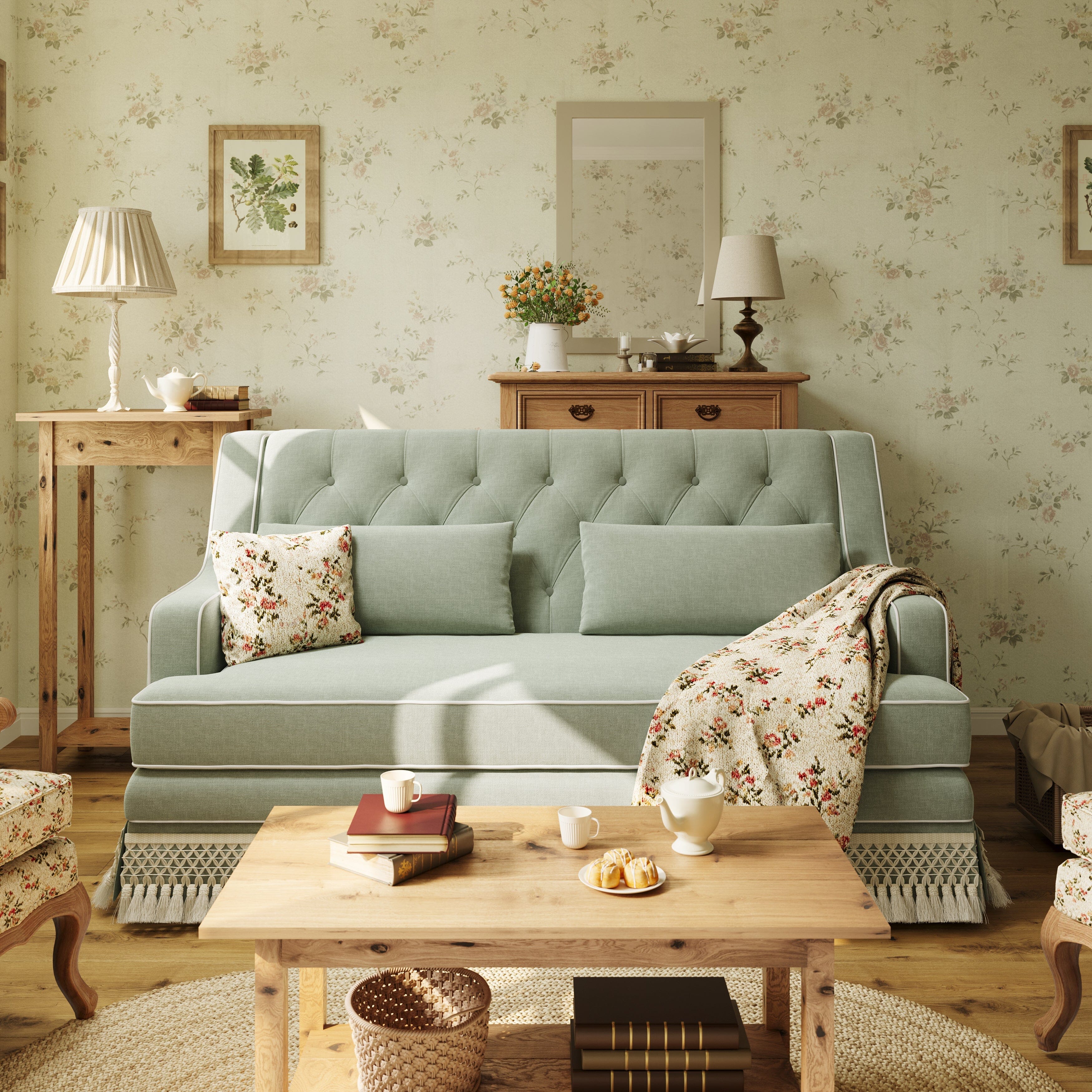 Cottonfy country fringe skirt sofa in cottagecore living room UK