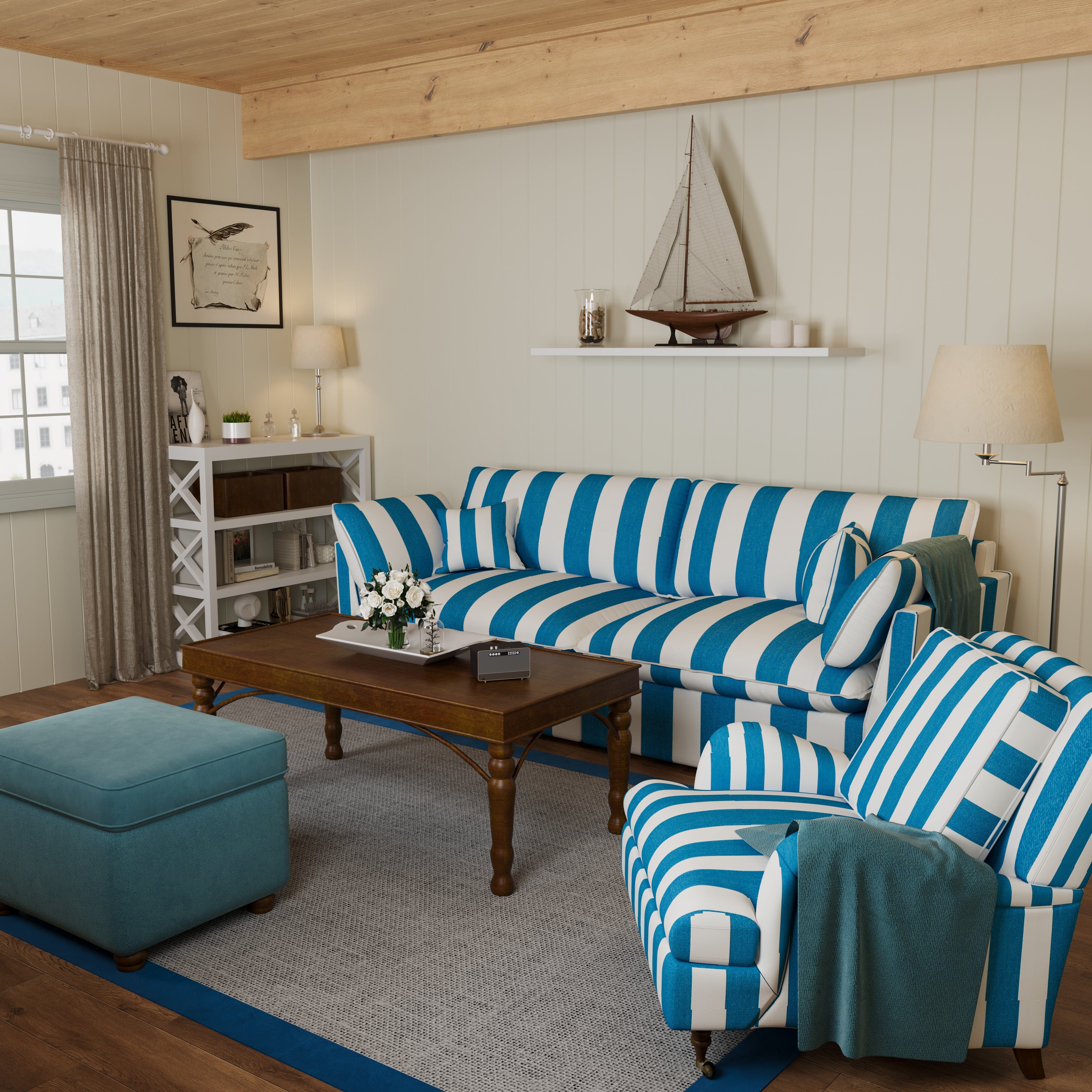 Cottonfy Retro Striped Fabric Handmade Sofa Cottonfy UK 220 CM Blue 