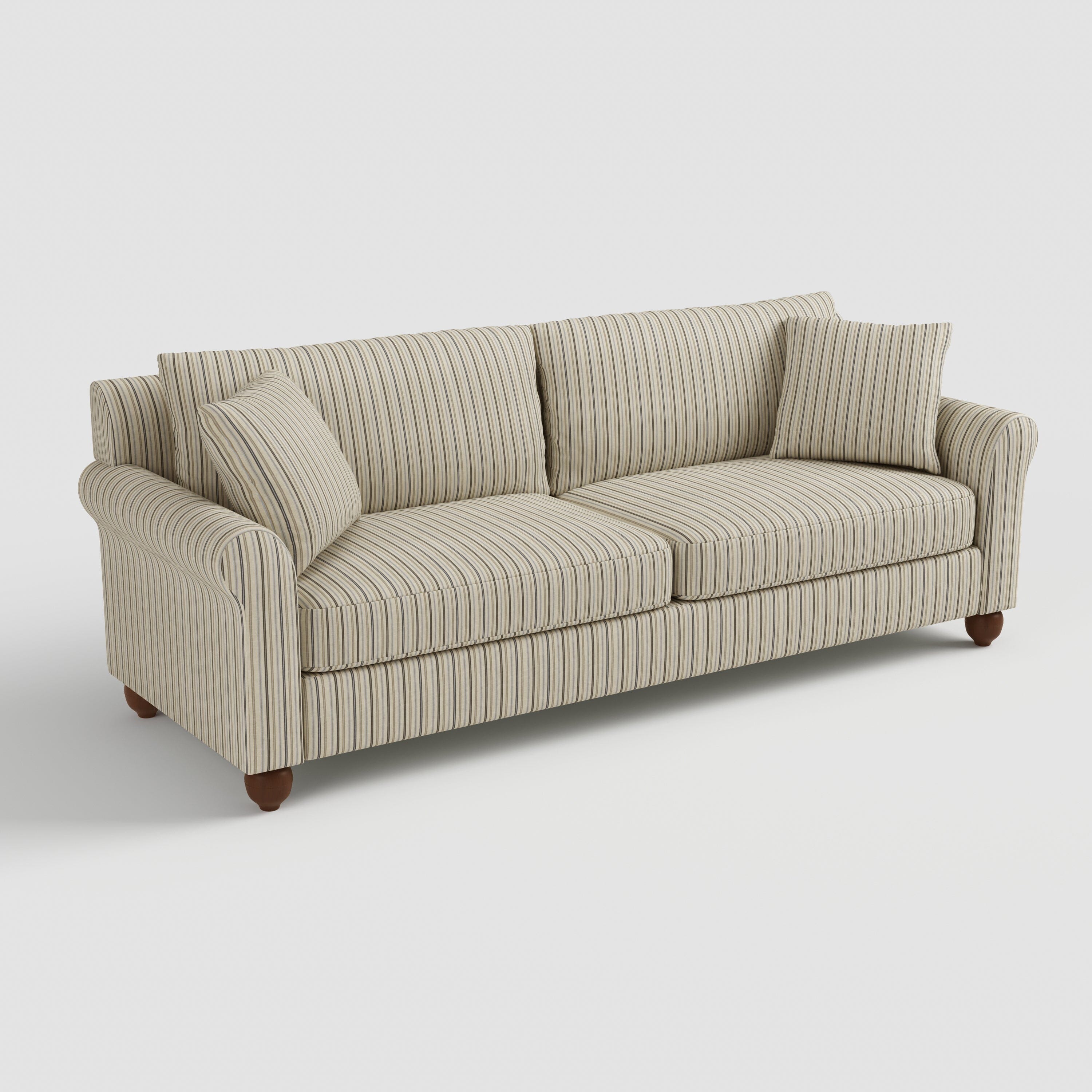 Cottonfy Striped Cotton Linen Blend Rolled Arm Sofa with Soild Wood Bun Feet Living and Home 