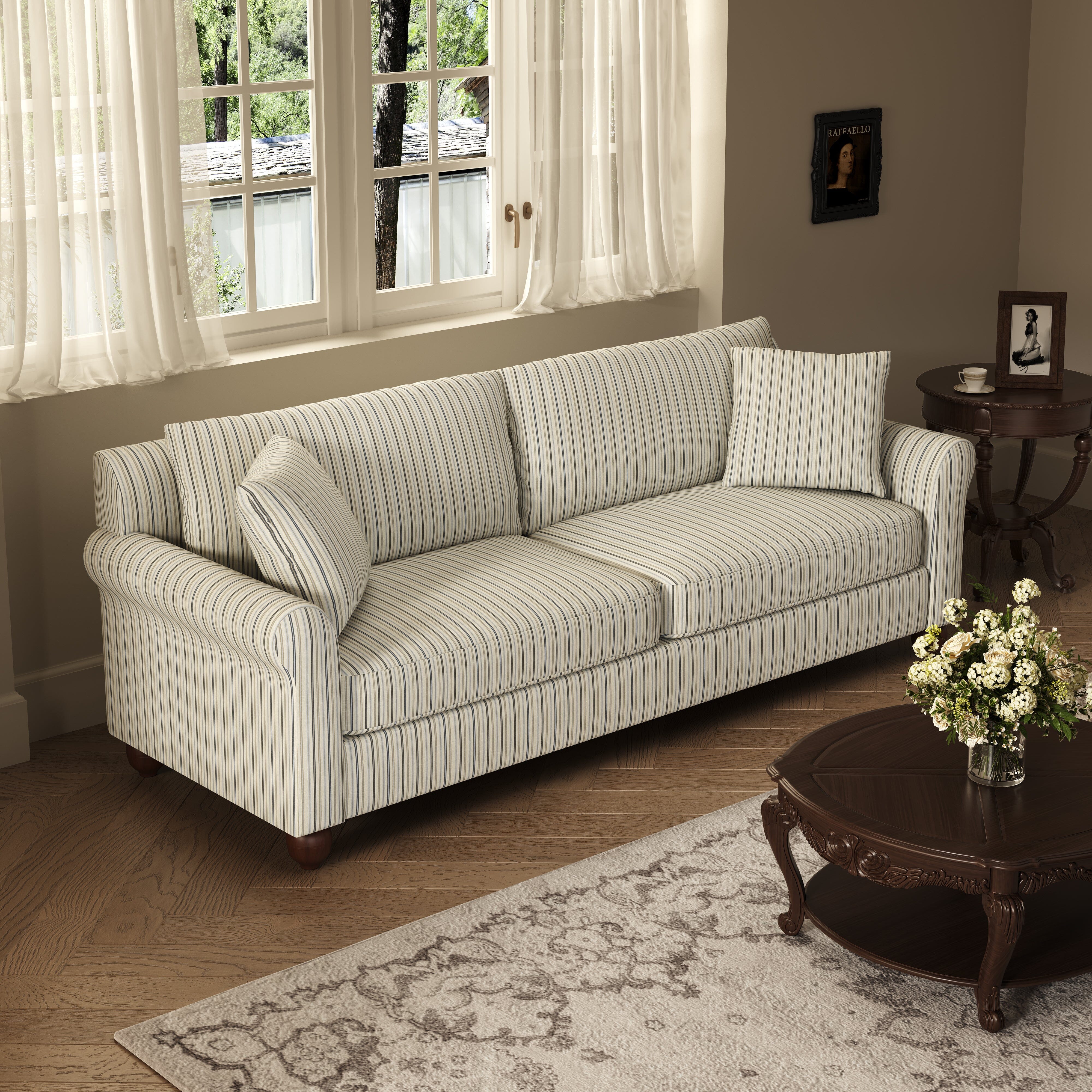 Cottonfy Striped Cotton Linen Blend Rolled Arm Sofa with Soild Wood Bun Feet Living and Home 