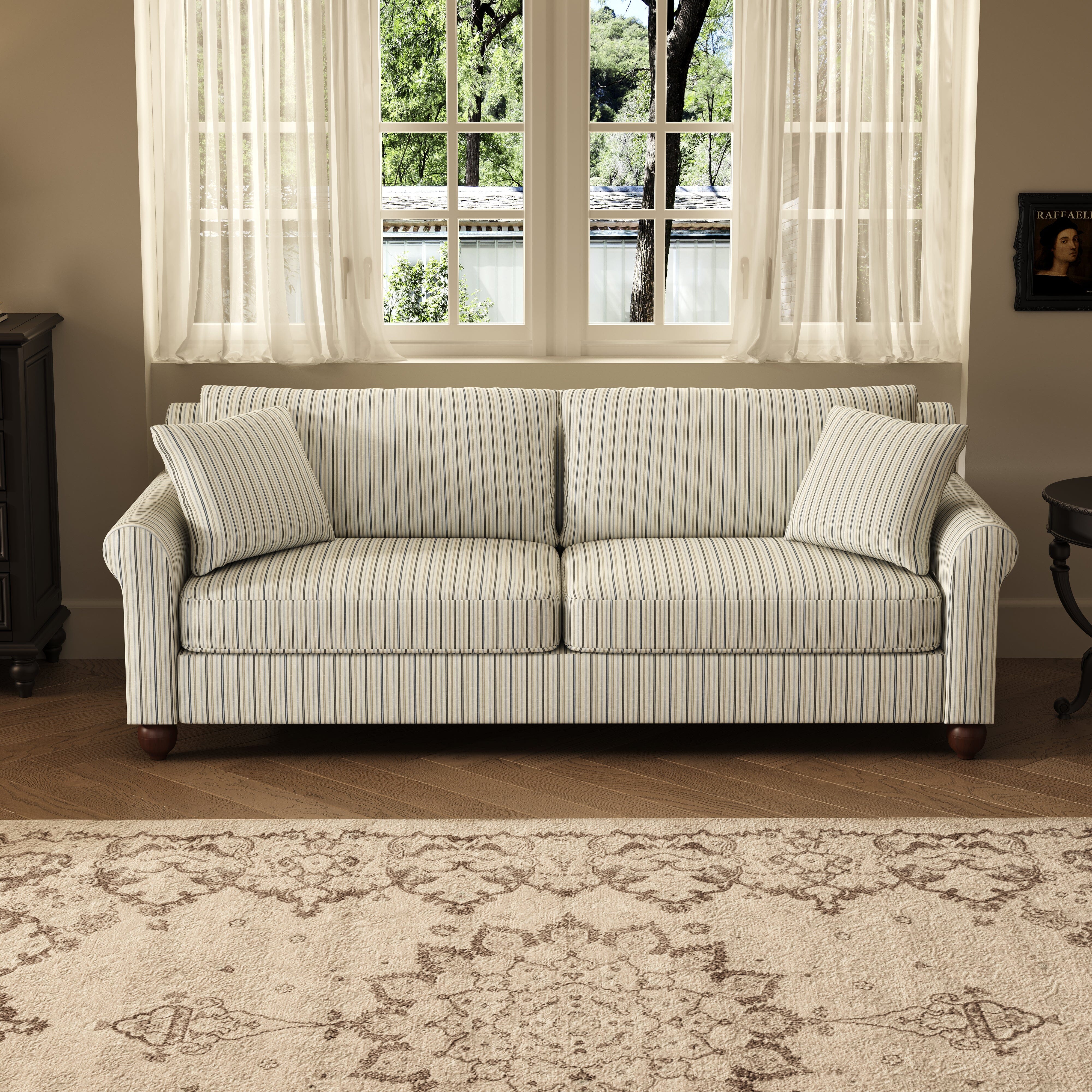 Cottonfy Striped Cotton Linen Blend Rolled Arm Sofa with Soild Wood Bun Feet Living and Home 