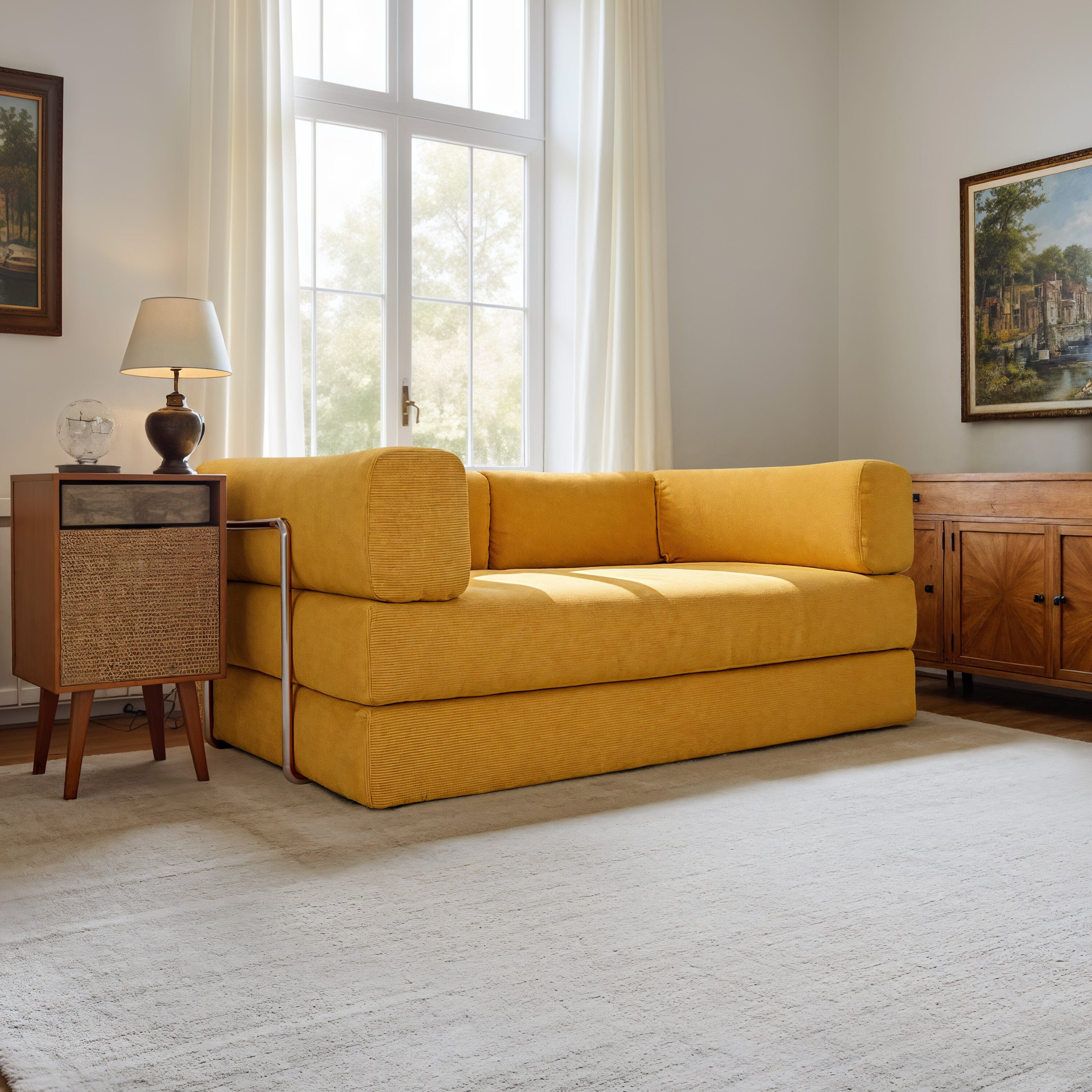 Cottonfy Yellow Corduroy Fabric Foam Modular Sofa Sofa Beds Cottonfy UK 200cm (L) × 102cm (W) × 72cm (H) In Stock 