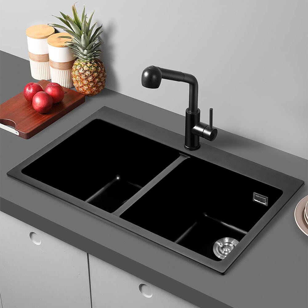 Quartz Undermount Kitchen Sink Double Bowl Black Living and Home Black 