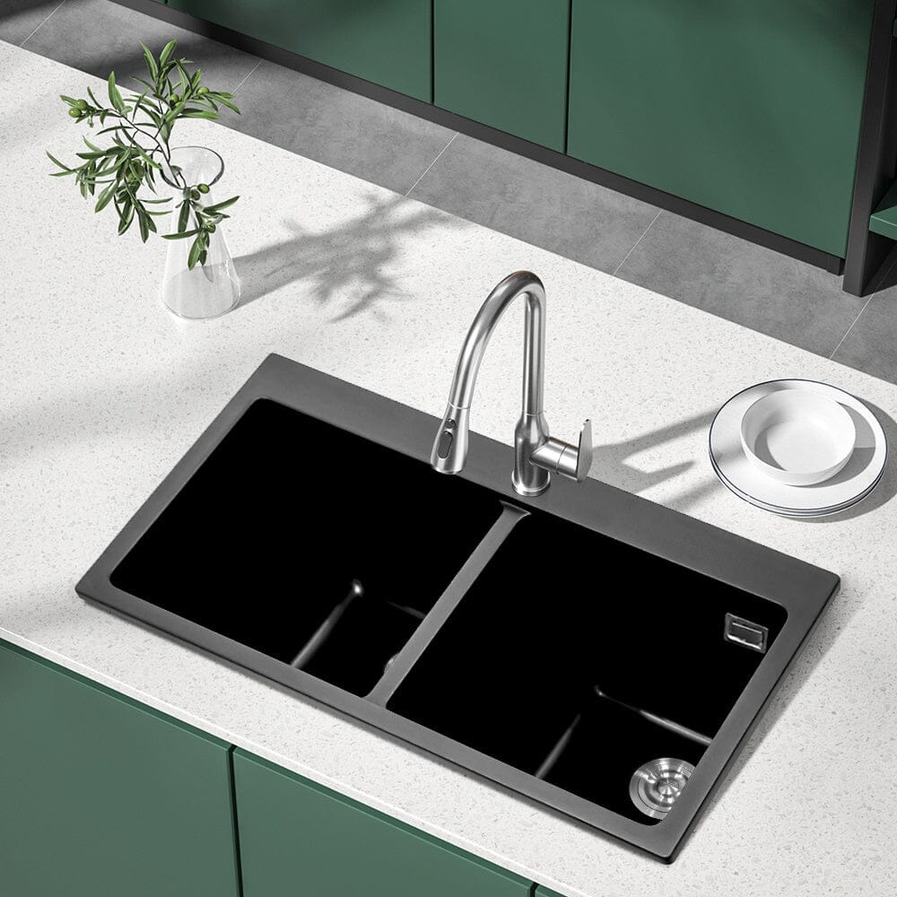 Quartz Undermount Kitchen Sink Double Bowl Black Living and Home 