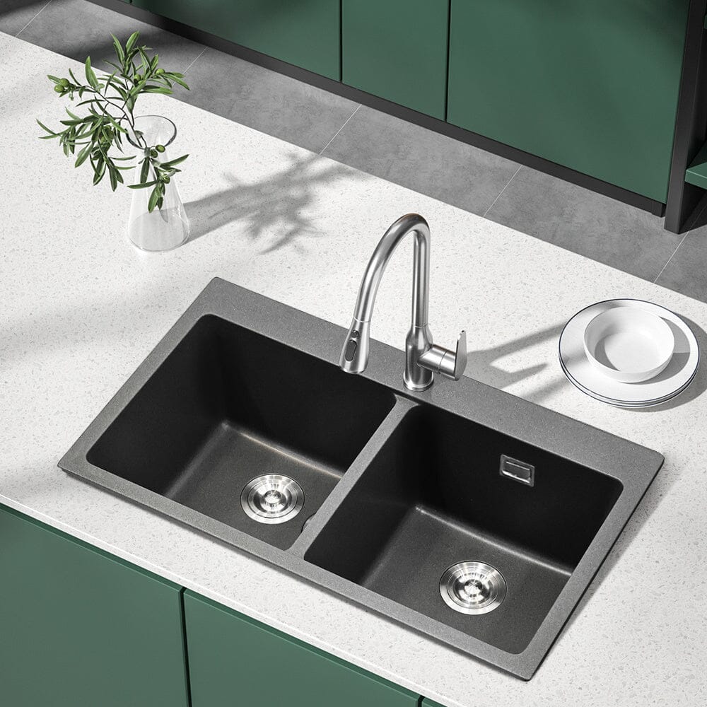 Quartz Undermount Kitchen Sink Double Bowl Black Living and Home 