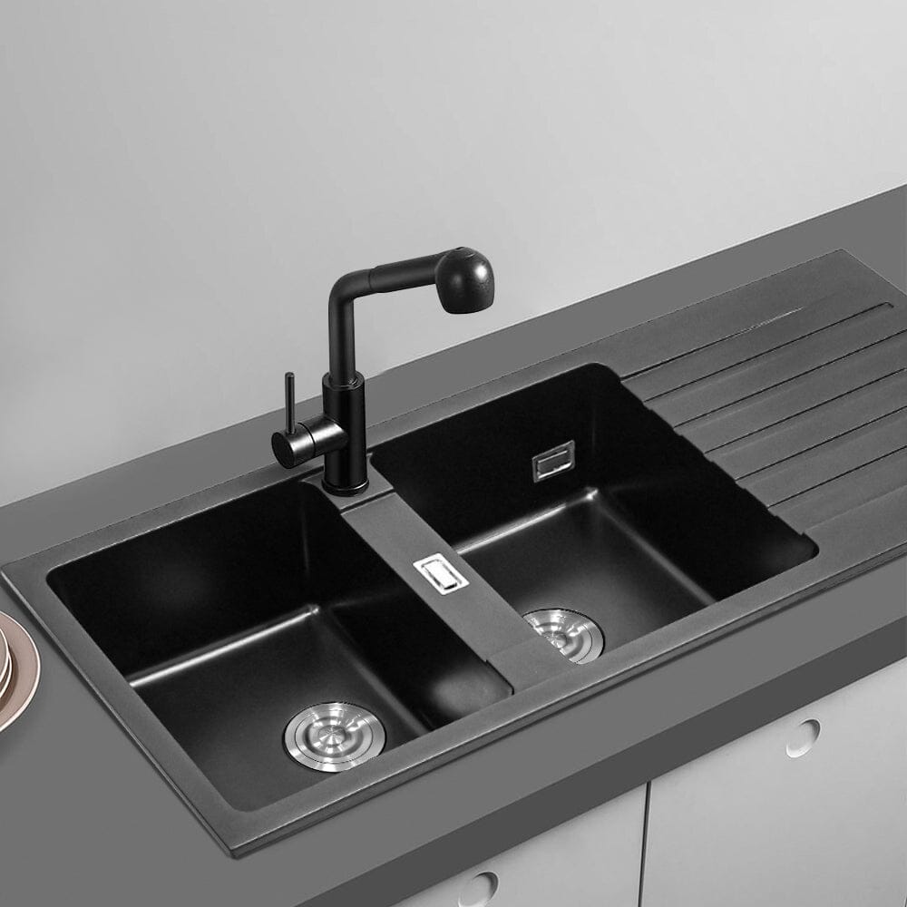 Quartz Undermount Double Bowl Kitchen Sink with Drainboard Kitchen Sinks Living and Home 