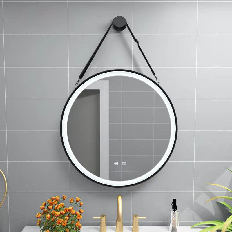 Round Metal LED Mirror with Hanging Strap Living and Home