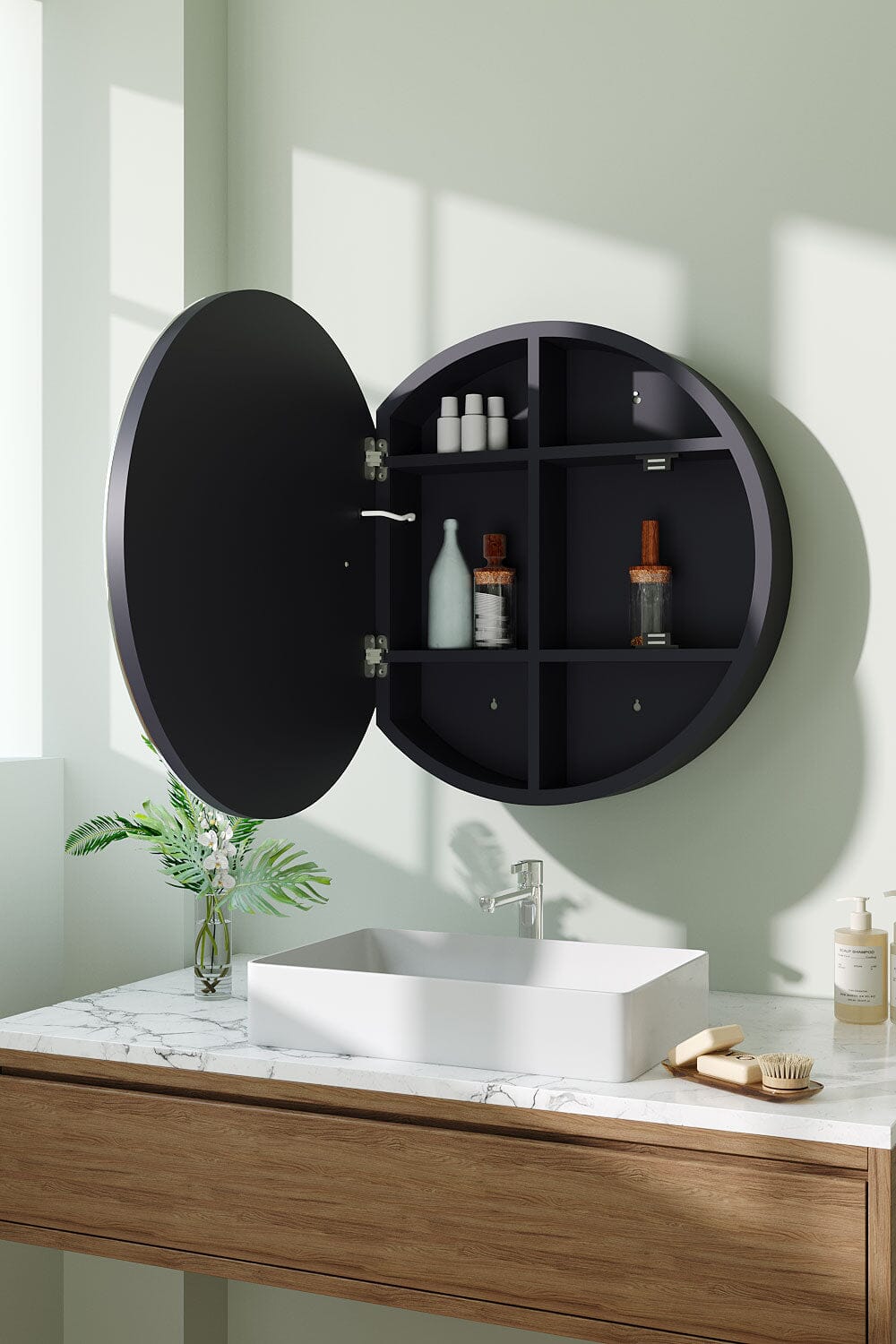 LED Dimmable Wall-Mounted Anti-fog Round Mirror Cabinet Bathroom Storage Decor Living and Home 