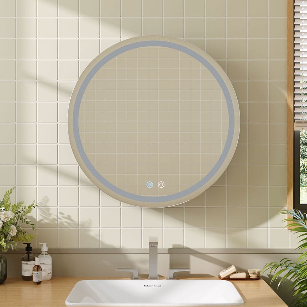 LED Dimmable Wall-Mounted Anti-fog Round Mirror Cabinet Bathroom Storage Decor Living and Home 