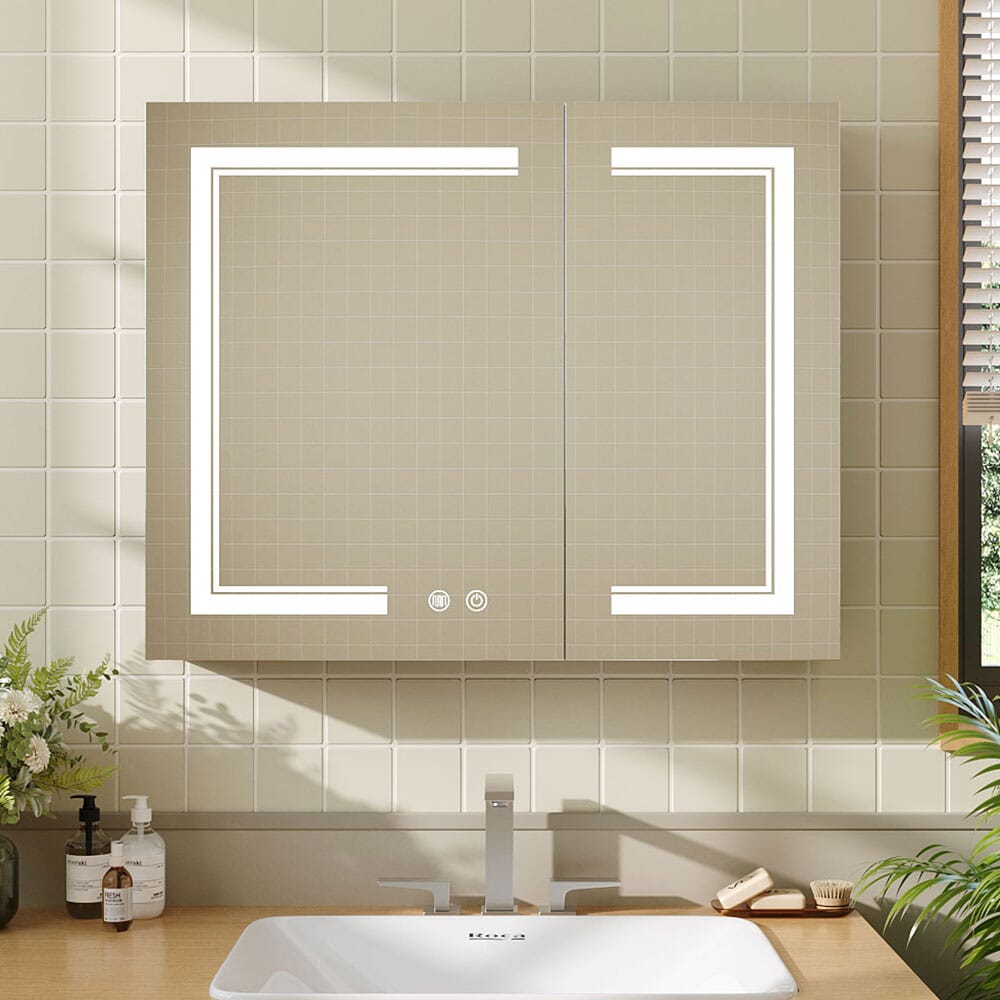 Dimmable LED Double-door Demister Mirror Cabinet Wall-Mount Bathroom Storage with Socket, DM0925 Living and Home 