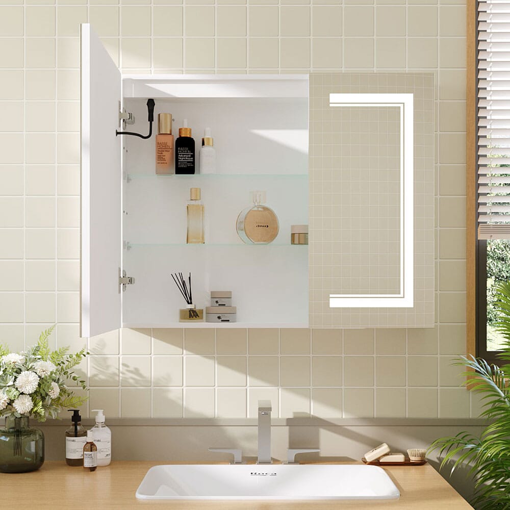 Dimmable LED Double-door Demister Mirror Cabinet Wall-Mount Bathroom Storage with Socket, DM0925 Living and Home 
