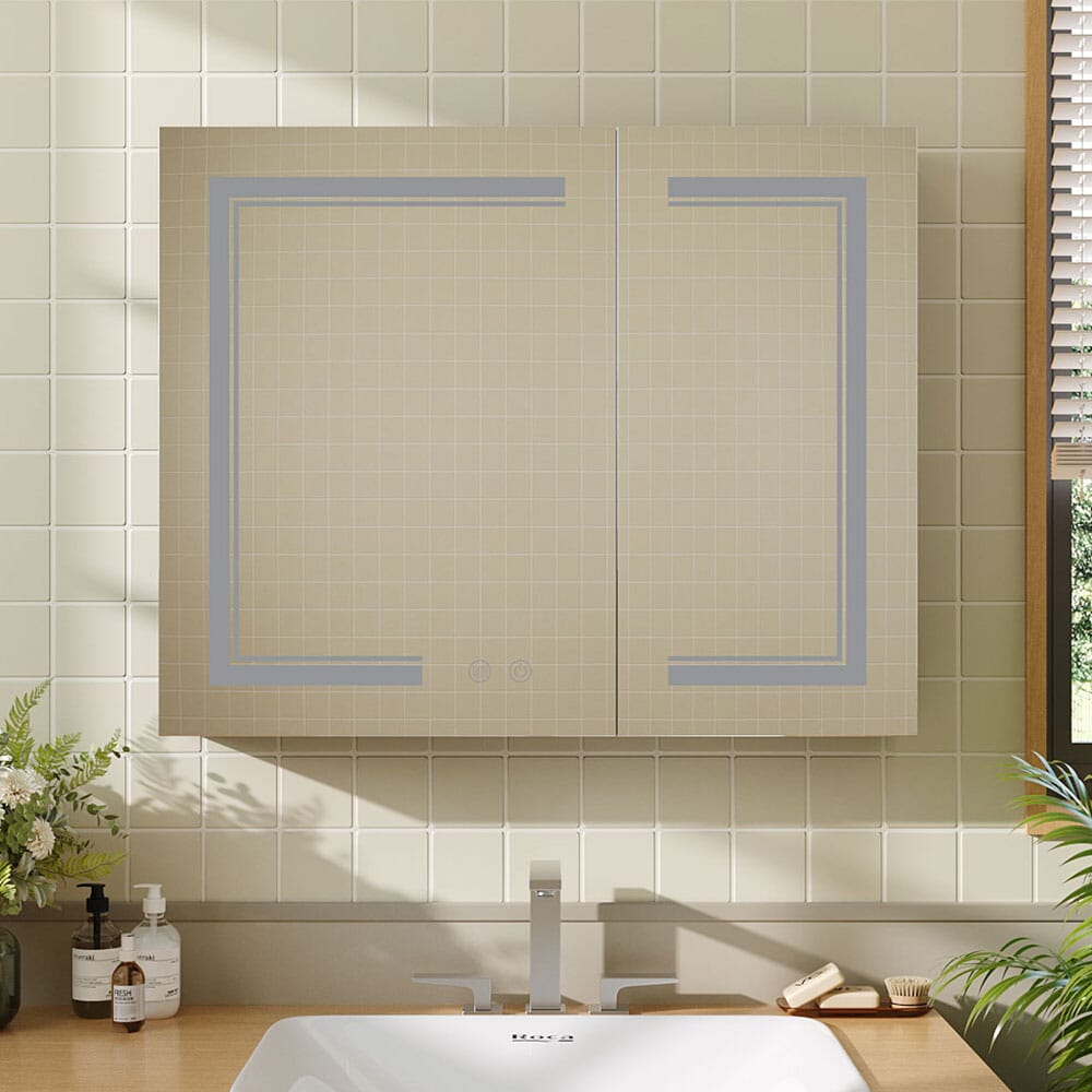 Dimmable LED Double-door Demister Mirror Cabinet Wall-Mount Bathroom Storage with Socket, DM0925 Living and Home 