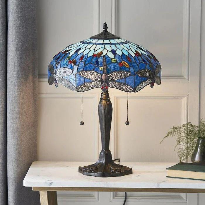 Lightin Tiffany Table Lamp | Handcrafted Stained Glass Dragonfly Series Lightsin UK 16inch Blue 