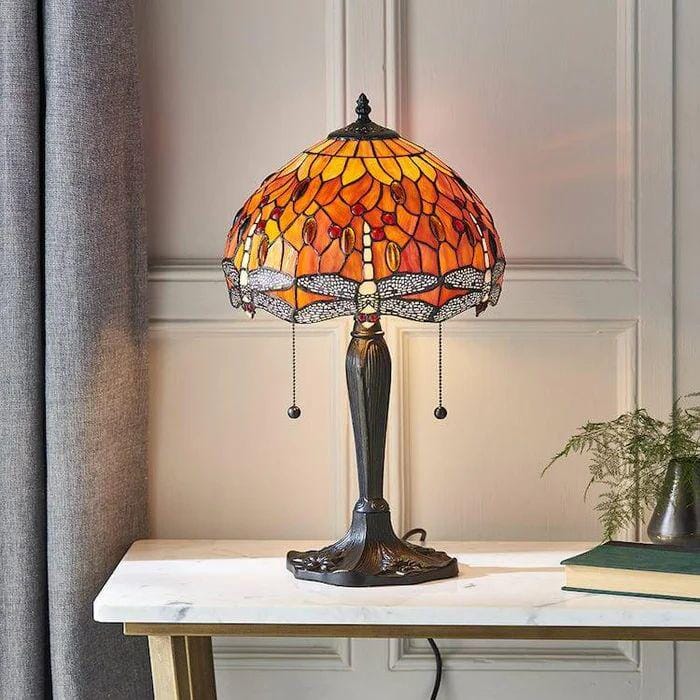 Lightin Tiffany Table Lamp | Handcrafted Stained Glass Dragonfly Series Lightsin UK 12inch Orange 