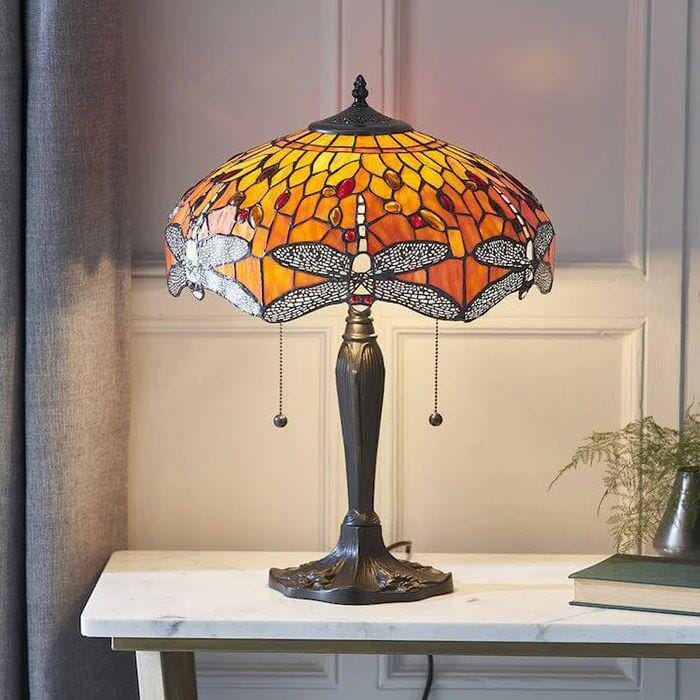 Lightin Tiffany Table Lamp | Handcrafted Stained Glass Dragonfly Series Lightsin UK 16inch Orange 