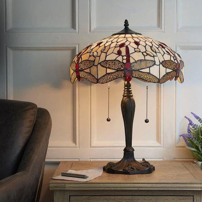 Lightin Tiffany Table Lamp | Handcrafted Stained Glass Dragonfly Series Lightsin UK 16inch White 