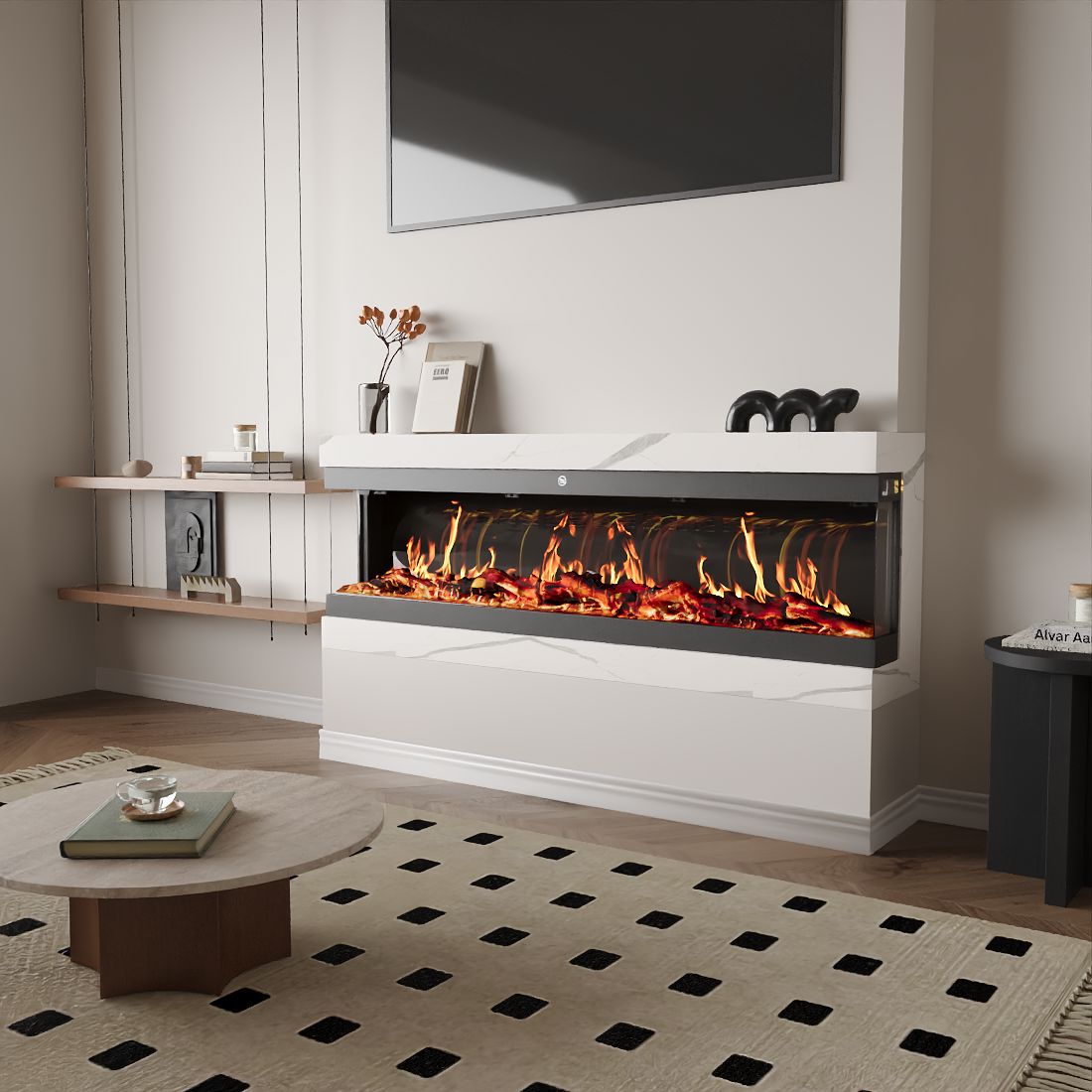 42/50/60/72inch 3-Sided Black/White Electric Fireplace with Remote Control, WiFi Function, Adjustable LED Flames and Heating Modes Living and Home 