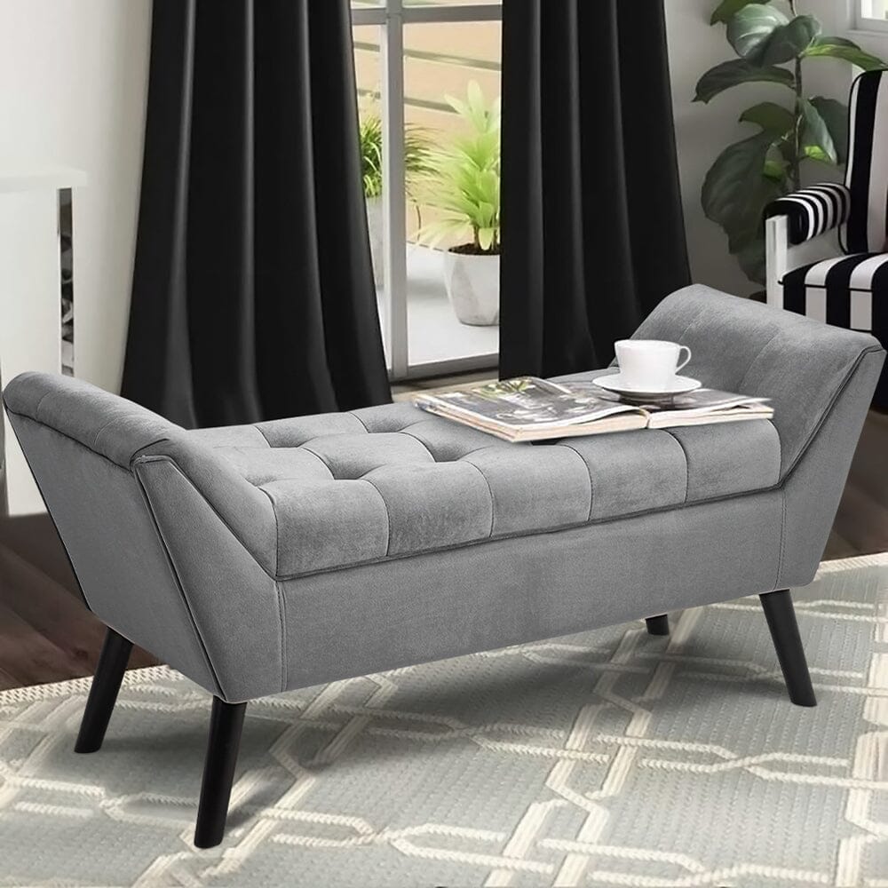 Tufted Velvet Buttoned Bench with Raised Arms Benches Living and Home Grey 