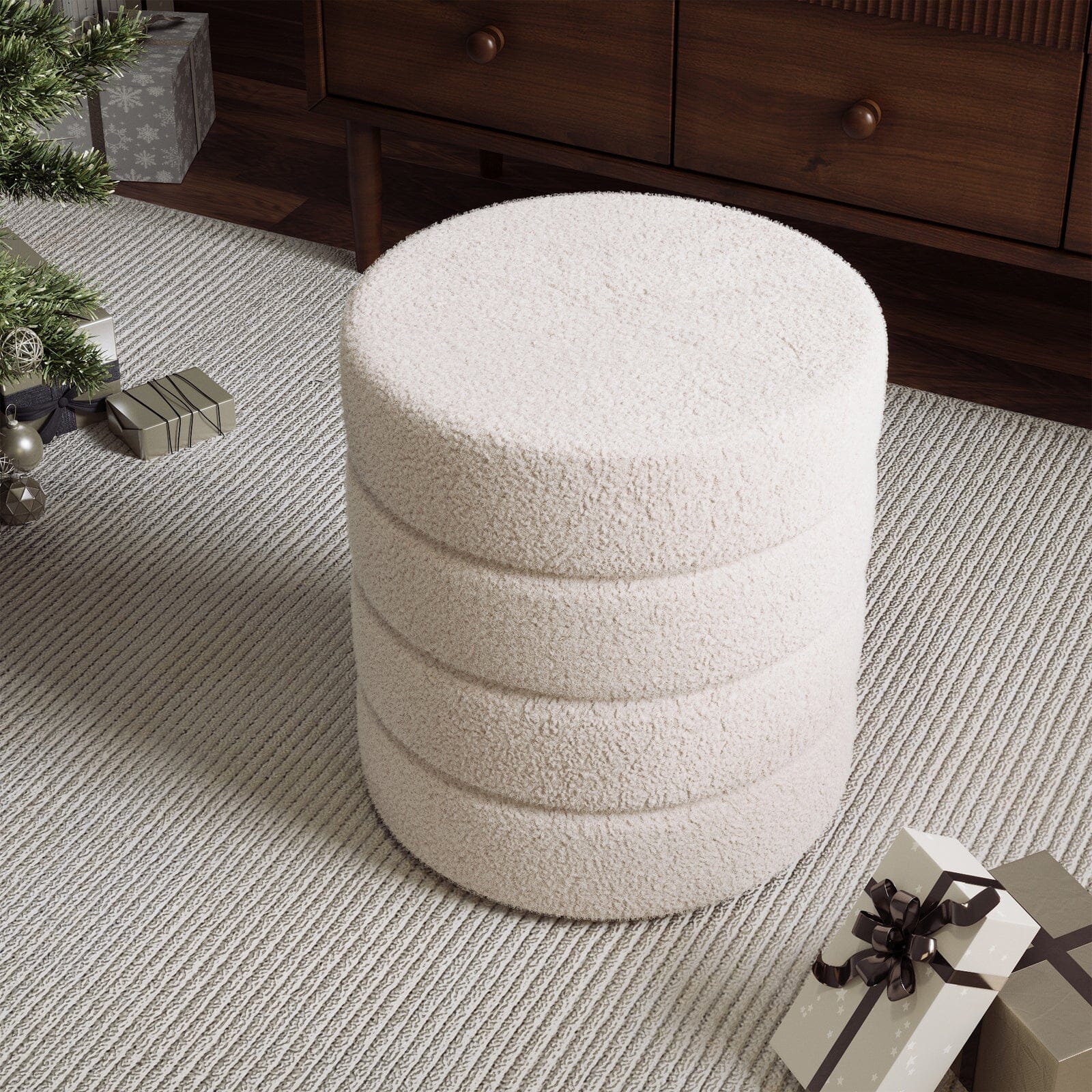 Layered Round Ottoman Teddy Fabric White Living and Home 