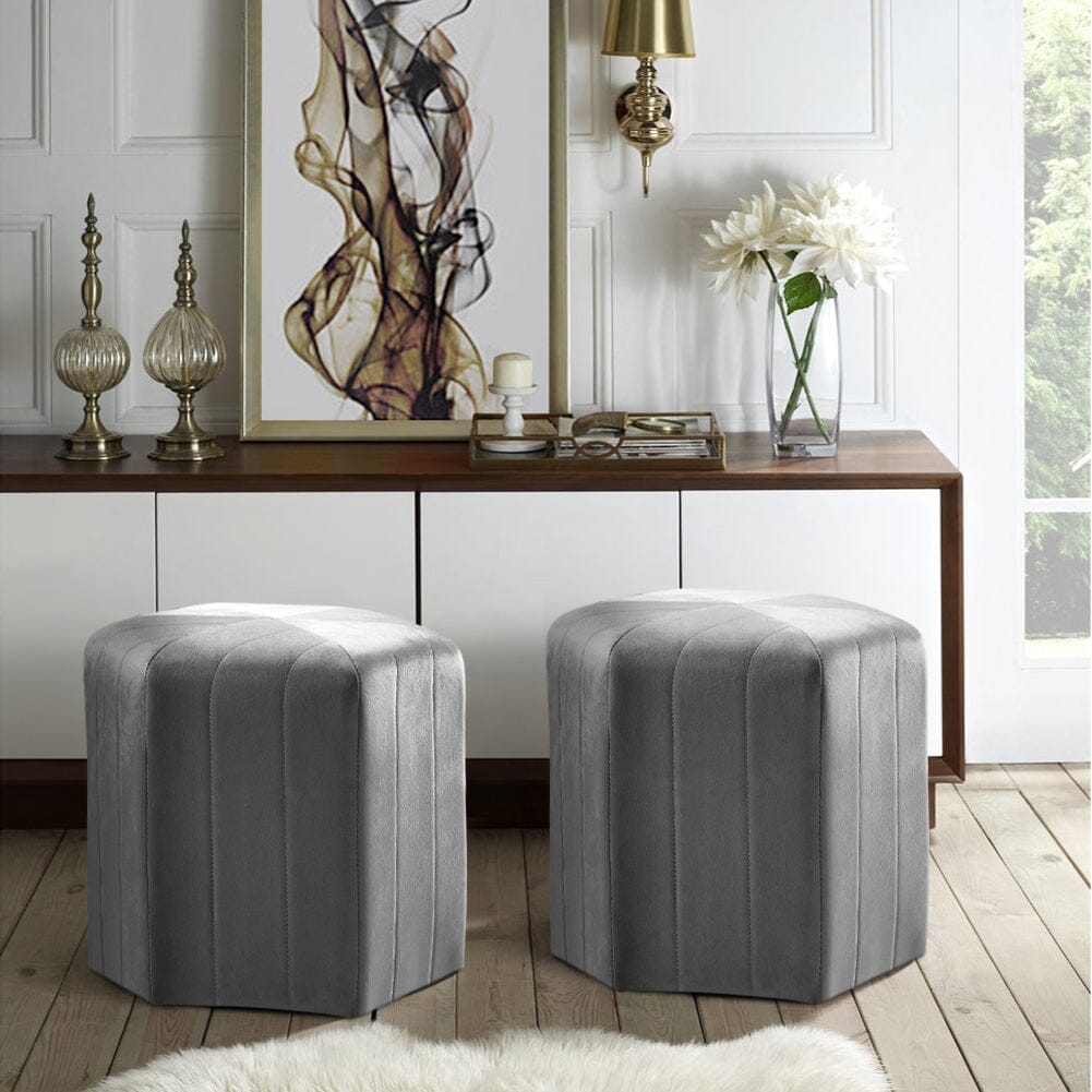 40cm Wide Hexagon Shape Velvet Footstool Striped Ottoman 25D Sponge Footrest Footstools Living and Home Grey 2 Units 