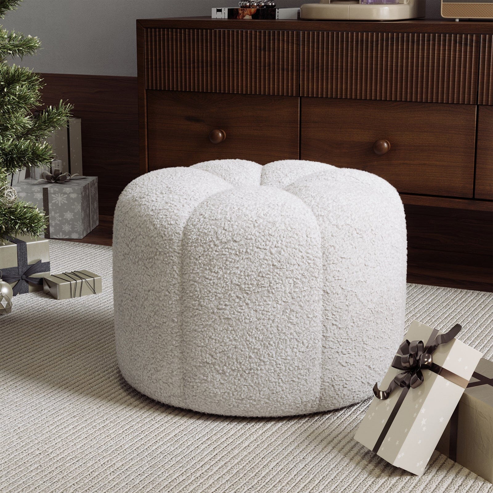 White Teddy Fur Pumpkin-Shaped Footstool Lightsin UK 