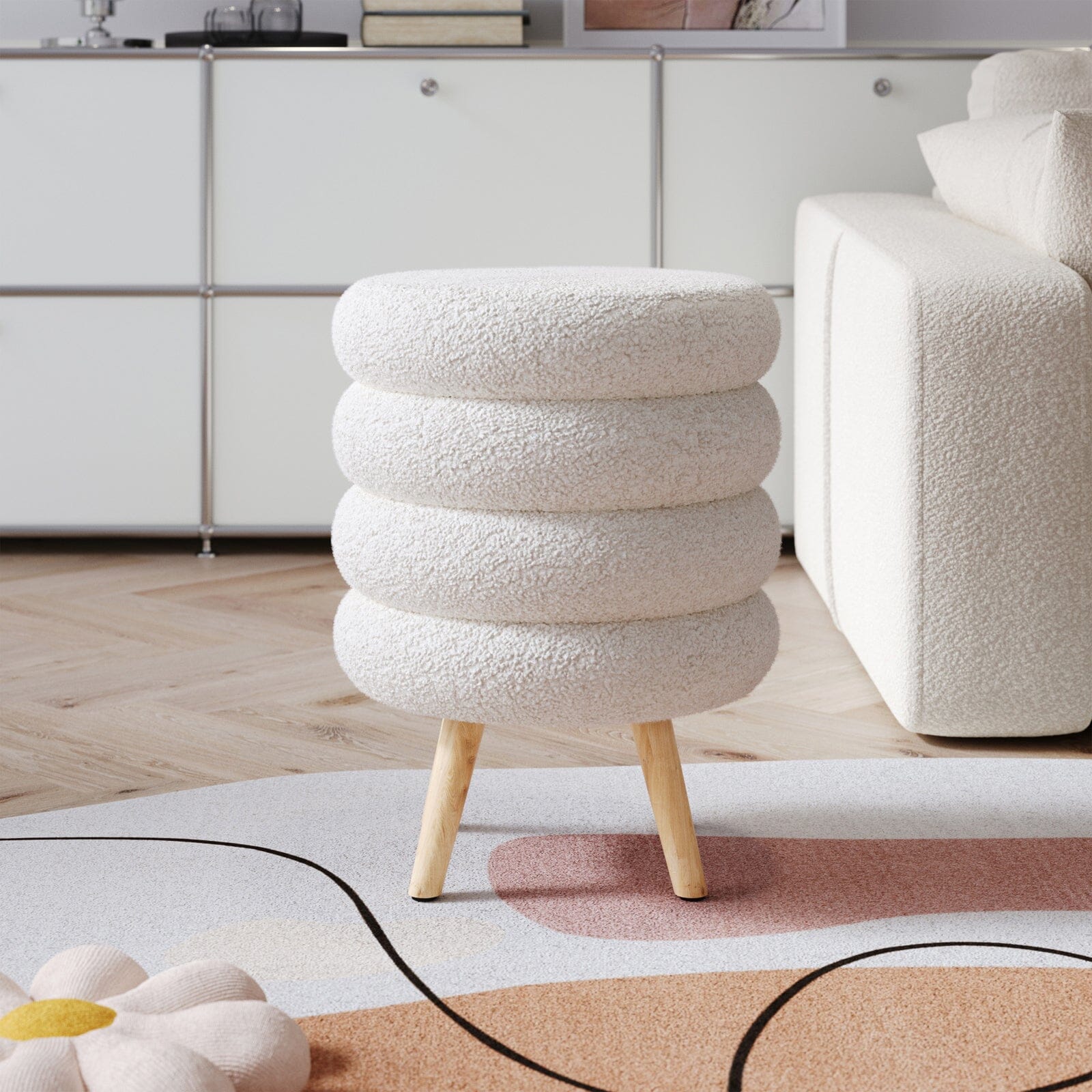 White Teddy Fur Tiered Footstool with Natural Wood Legs Lightsin UK 