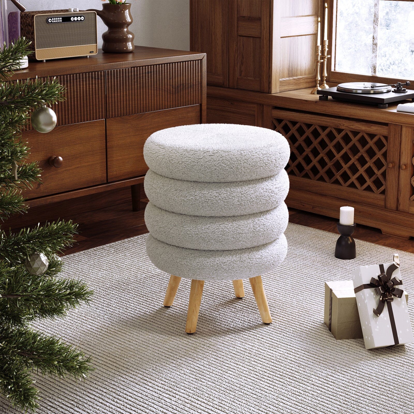 White Teddy Fur Tiered Footstool with Natural Wood Legs Lightsin UK 