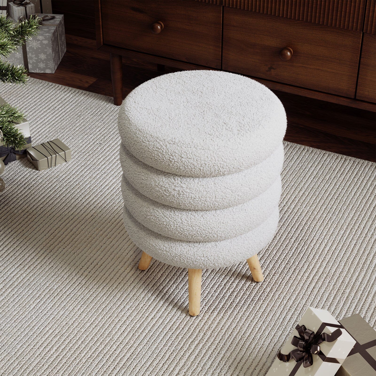 White Teddy Fur Tiered Footstool with Natural Wood Legs Lightsin UK 