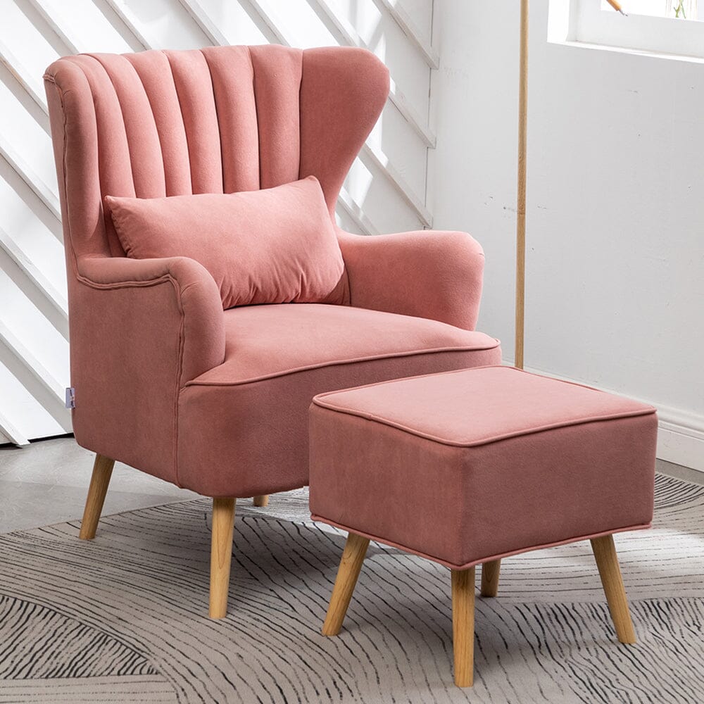 Contemporary Wing Back Armchair and Ottoman Set with Cushion and Footstool Cocktail Chairs Living and Home Ash Pink 