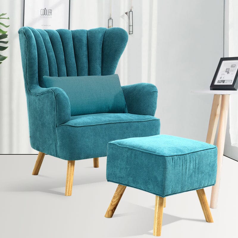 Contemporary Wing Back Armchair and Ottoman Set with Cushion and Footstool Cocktail Chairs Living and Home Blue 