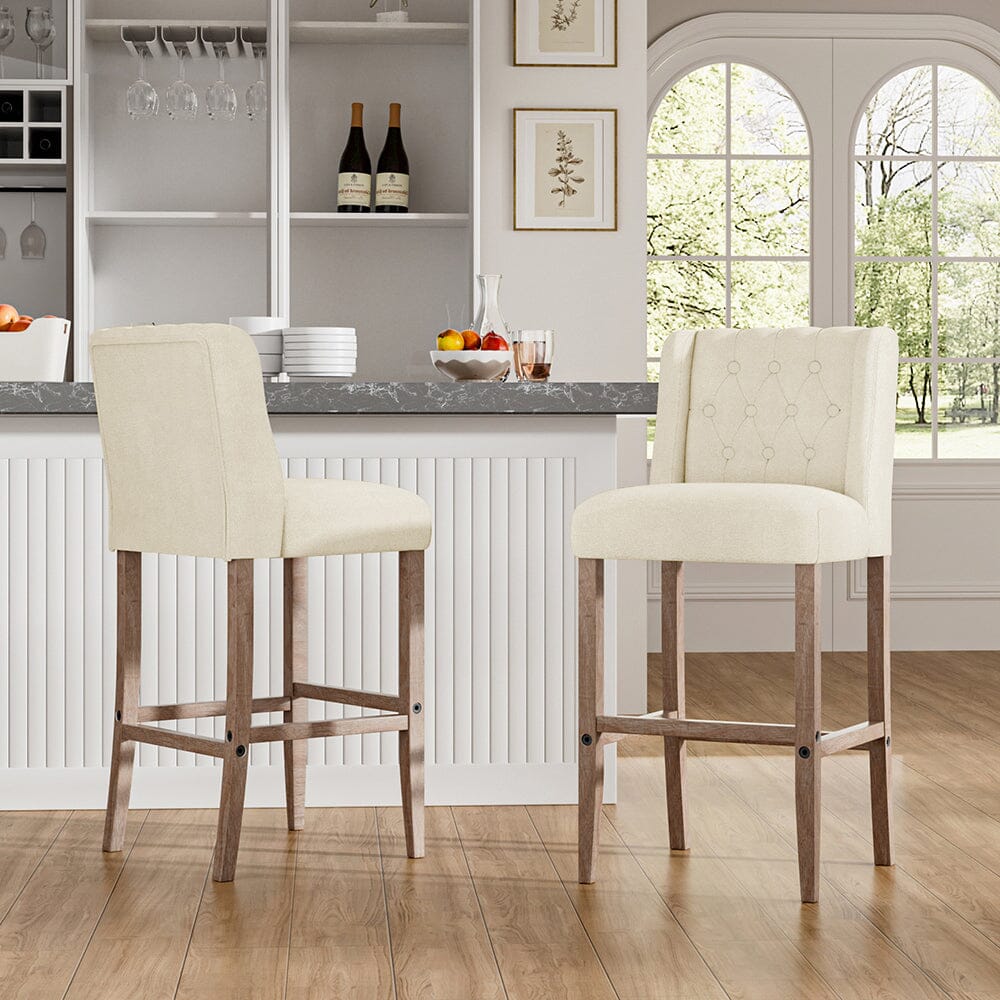 Set of Hight Bar Stools Linen Upholstered with Wood Legs