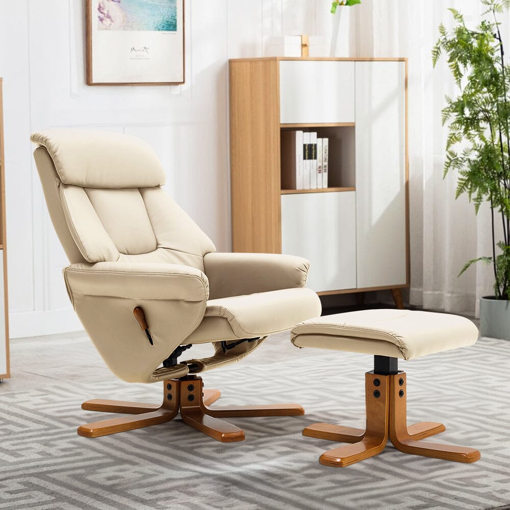 Swivel Faux Leather Lounge Recliner with Ottoman Home Office Chairs Living and Home Beige 