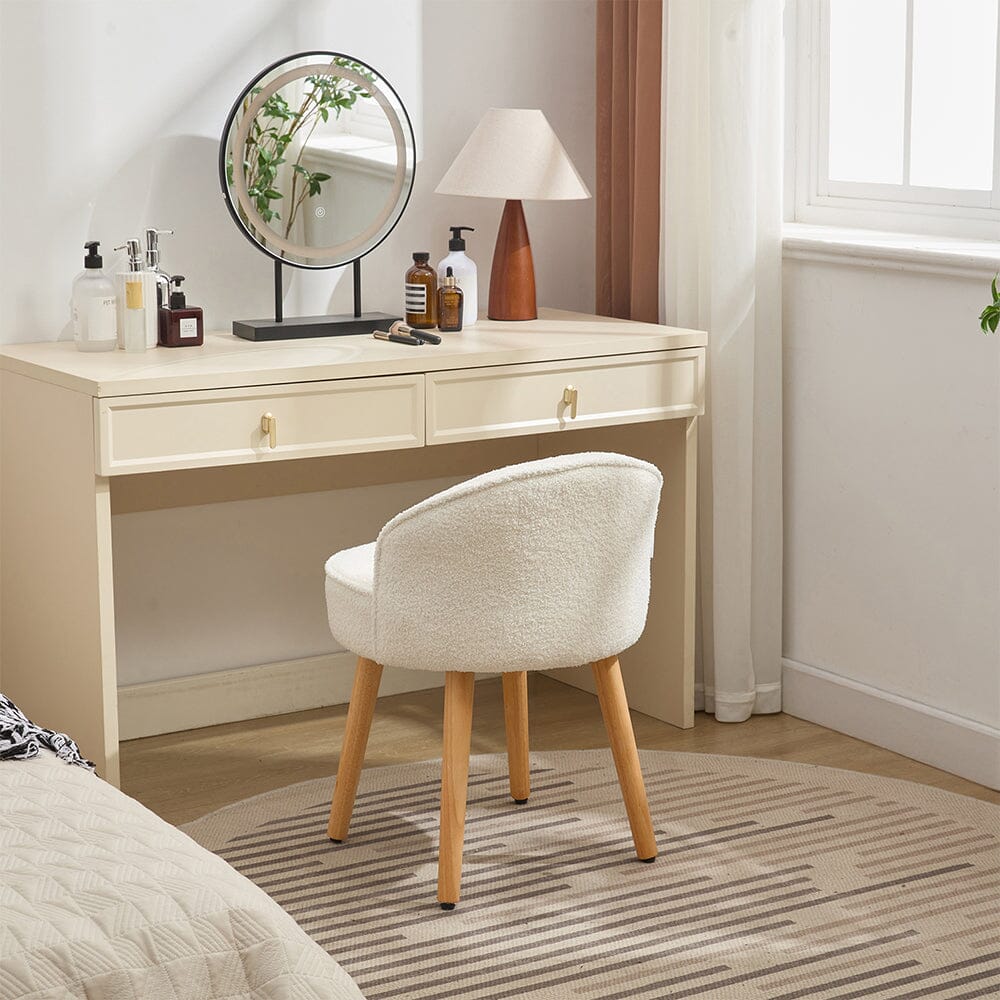 Upholstered Vanity Stool with Teddy Fabric and Wooden Legs Living and Home 