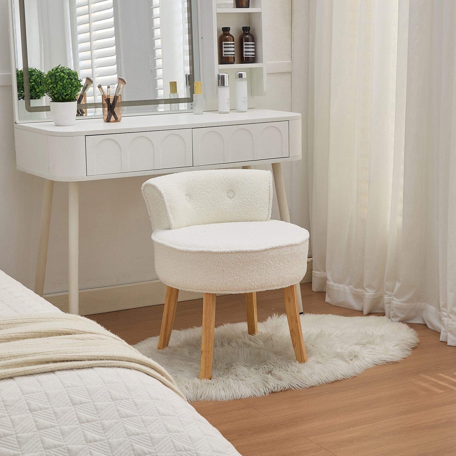 Teddy Fabric Vanity Stool with Button-Tufted Backrest Living and Home 