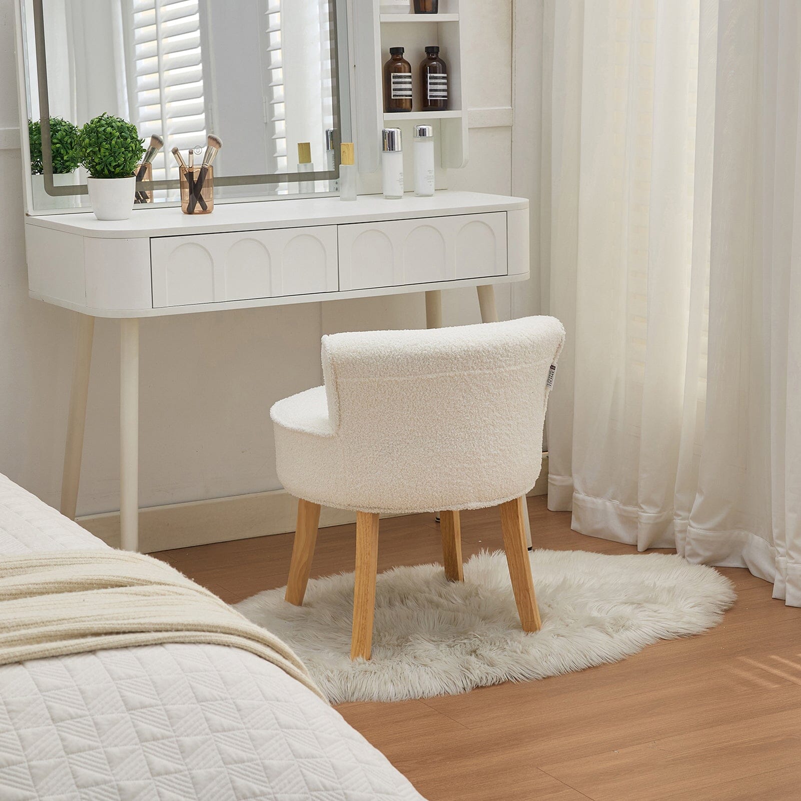 Teddy Fabric Vanity Stool with Button-Tufted Backrest Living and Home 