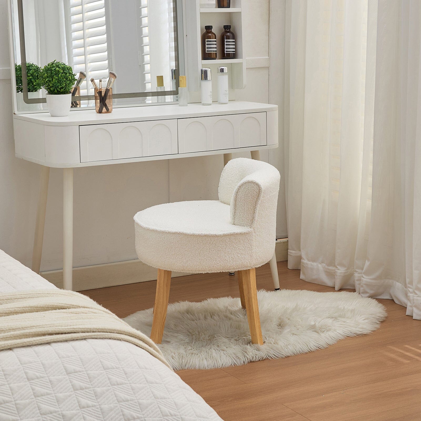 Teddy Fabric Vanity Stool with Button-Tufted Backrest Living and Home 