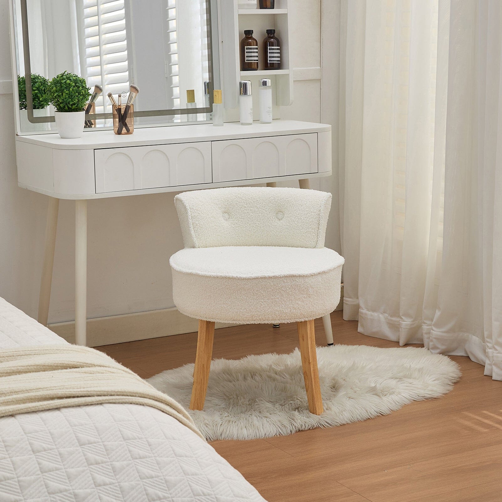 Teddy Fabric Vanity Stool with Button-Tufted Backrest Living and Home 