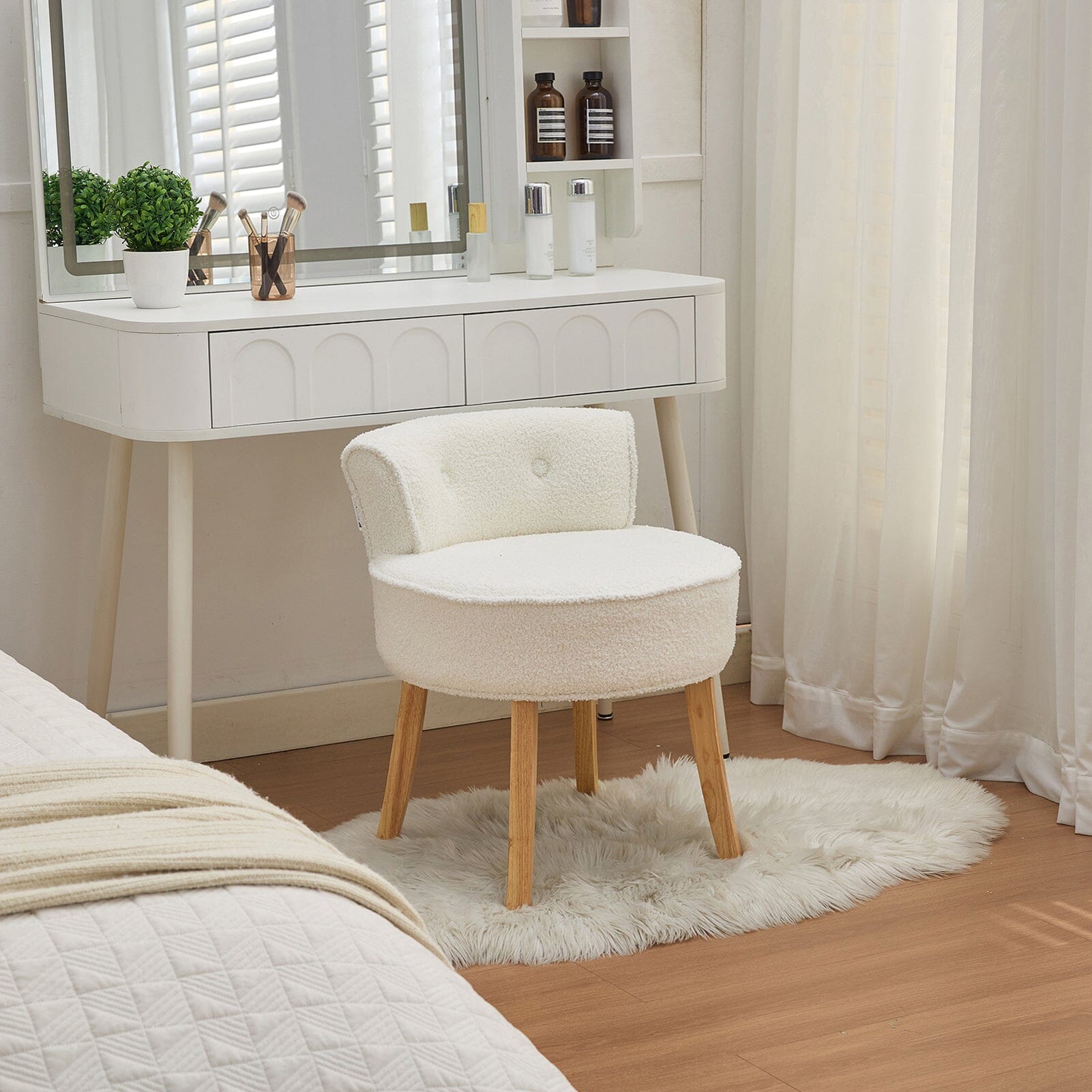 Teddy Fabric Vanity Stool with Button-Tufted Backrest Living and Home 