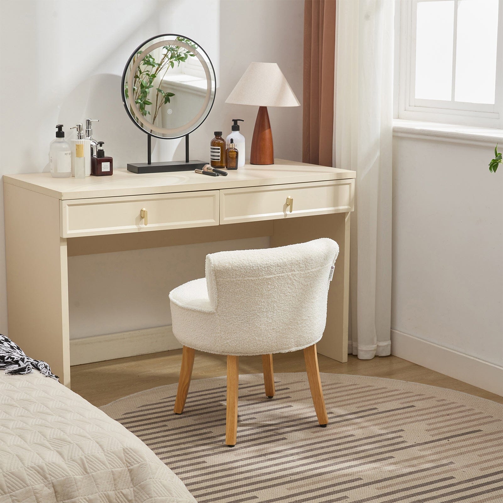 Teddy Fabric Vanity Stool with Button-Tufted Backrest Living and Home 
